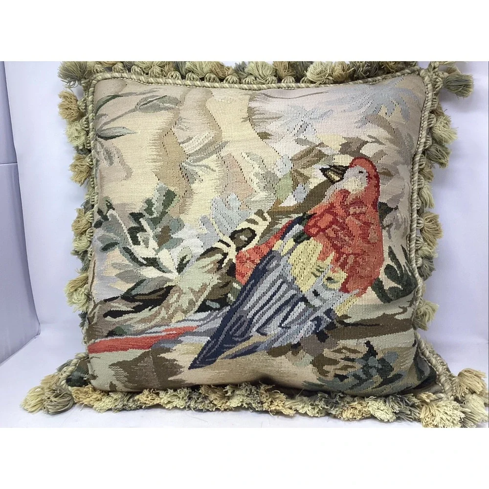 Wool Tapestry Pillow W/ Tassels Parrot Bird On A Branch Feather Stuffed20x20
